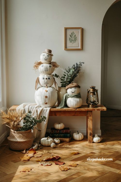 Pumpkin decorating ideas for contest with stacked character pumpkins and cozy farmhouse fall decor