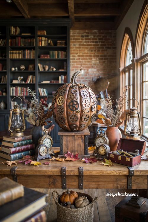 Pumpkin decorating ideas for contest with steampunk gear pumpkin in industrial farmhouse fall decor