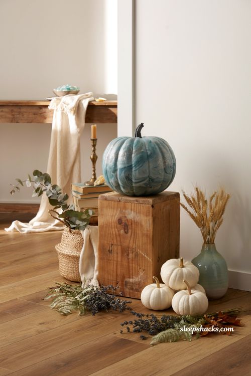 Pumpkin decorating ideas for contest with teal awareness pumpkin and elegant fall farmhouse decor