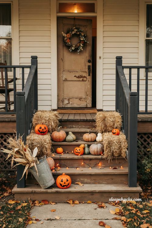 Pumpkin face porch steps with real pumpkins hay bales and Halloween lights