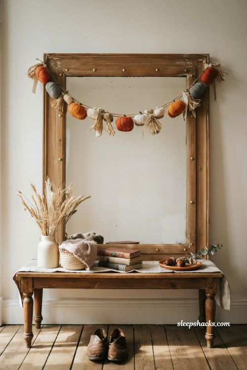 Pumpkin garland over mirror for small space fall decor