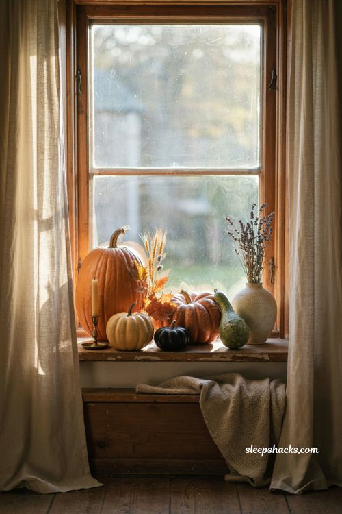Pumpkin lined windowsill with layered faux pumpkins autumn leaves and cozy Halloween decor