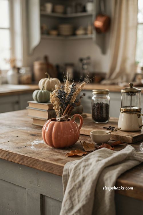 Pumpkin mug with dried wheat and lavender for cozy farmhouse Halloween decor