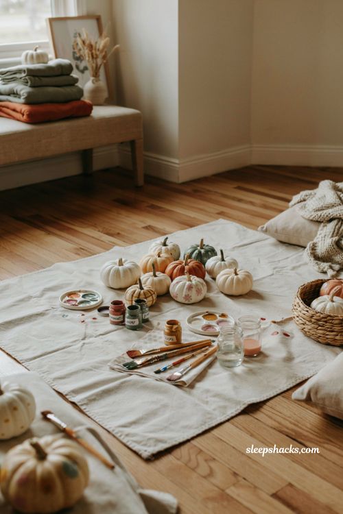 Pumpkin painting party ideas with mini pumpkins and fall sleepover crafts 