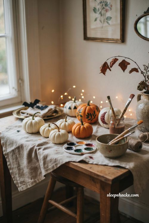 Pumpkin painting station with mini pumpkins and craft supplies for a Halloween house party