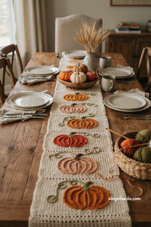 Pumpkin patch crochet table runner with cream background orange pumpkin motifs green vines cozy farmhouse fall dining table 