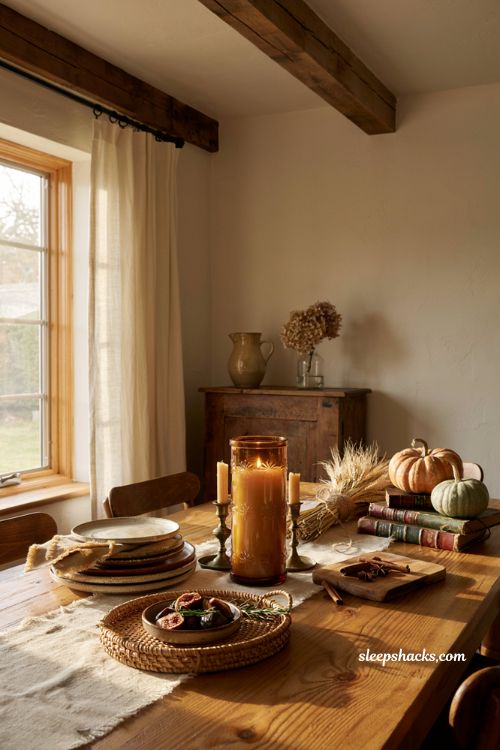Pumpkin spiced cake candle centerpiece on a cozy farmhouse dining table with warm fall decor