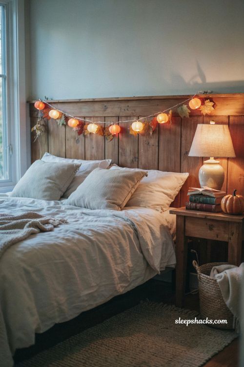 Pumpkin string lights Halloween bedroom with cozy autumn headboard decor
