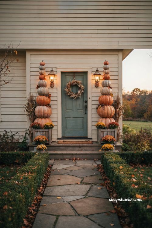 Pumpkin topiary Halloween entrance with glowing stacked pumpkins and cozy autumn porch decor