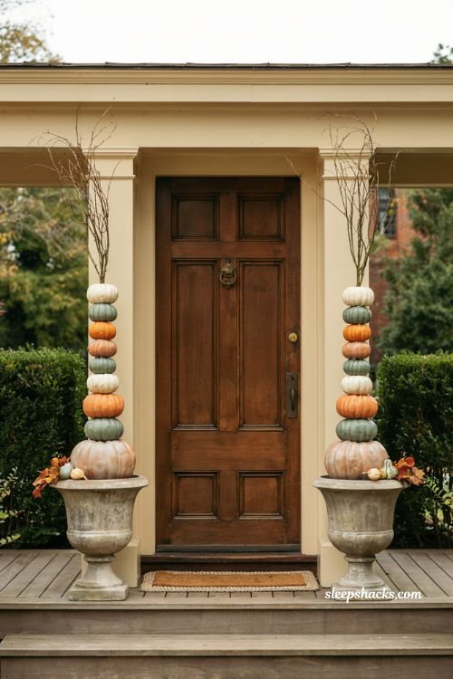 Pumpkin topiary in classic urns for an elegant fall front porch 