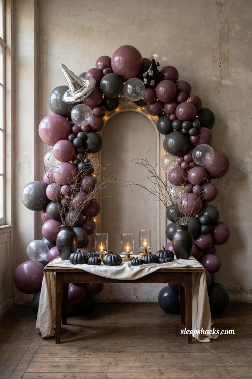 Purple and black Halloween balloon garland with silver accents witch hat and haunted house decor