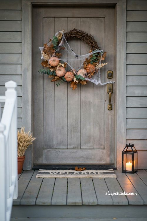 Quick cobweb Halloween wreath upgrade with pumpkins and spider decor