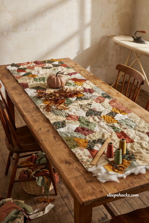 Quilt as you go fall table runner with autumn fabric scraps