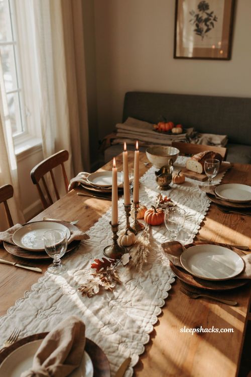 Quilted ghost and pumpkin Halloween table runner with cozy farmhouse decor