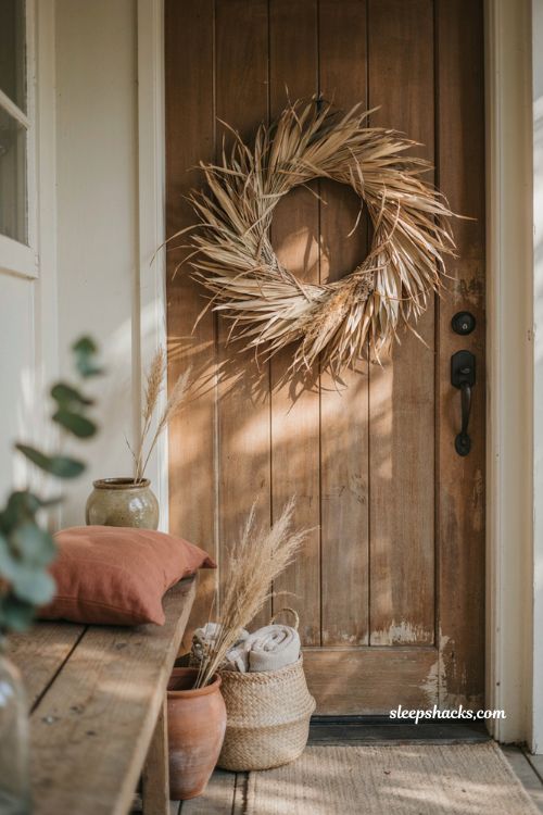 Raffia wreath boho fall decor with natural textures dried grasses and rustic front door