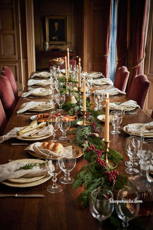 Ralph Lauren Christmas tablescape with antique brass serving pieces 