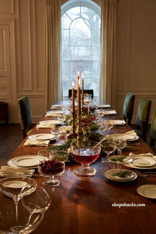 Ralph Lauren Christmas tablescape with crystal punch bowl and glassware 