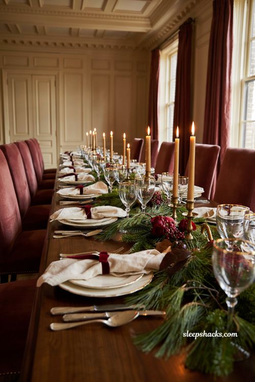 Ralph Lauren Christmas tablescape with deep burgundy jewel tones