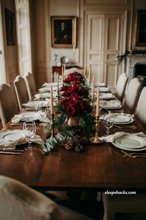 Ralph Lauren Christmas tablescape with deep red rose centerpiece 