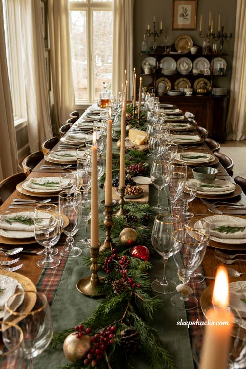 Ralph Lauren Christmas tablescape with gold rimmed glassware