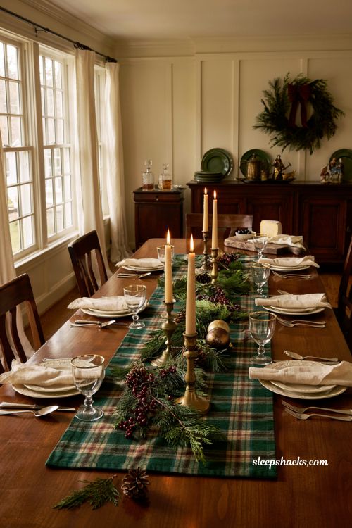Ralph Lauren Christmas tablescape with green tartan table runner