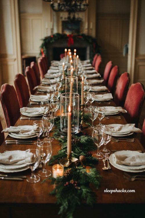 Ralph Lauren Christmas tablescape with hurricane candle vases 