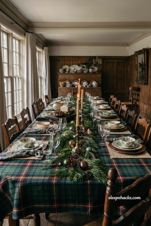 Ralph Lauren Christmas tablescape with mixed tartan and classic patterns