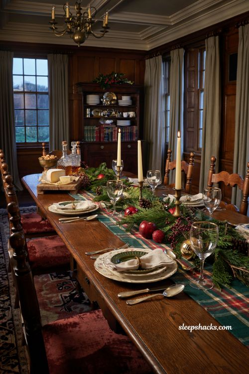 Ralph Lauren Christmas tablescape with tartan and forest green decor