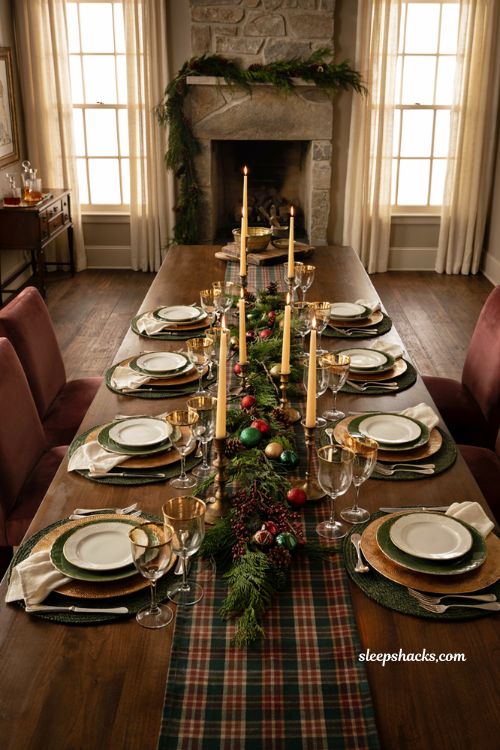 Ralph Lauren Christmas tablescape with textured gold chargers