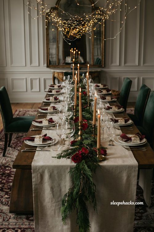 Ralph Lauren Christmas tablescape with warm overhead string lights