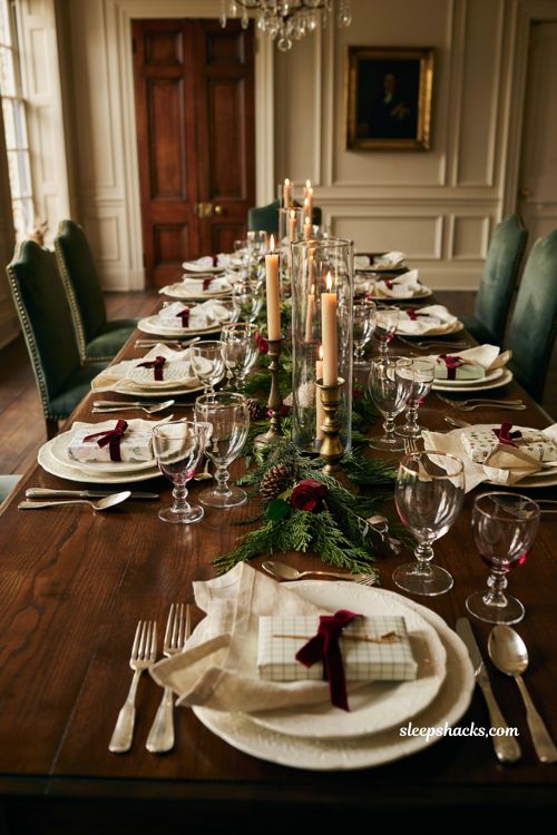 Ralph Lauren Christmas tablescape with wrapped gift place settings 