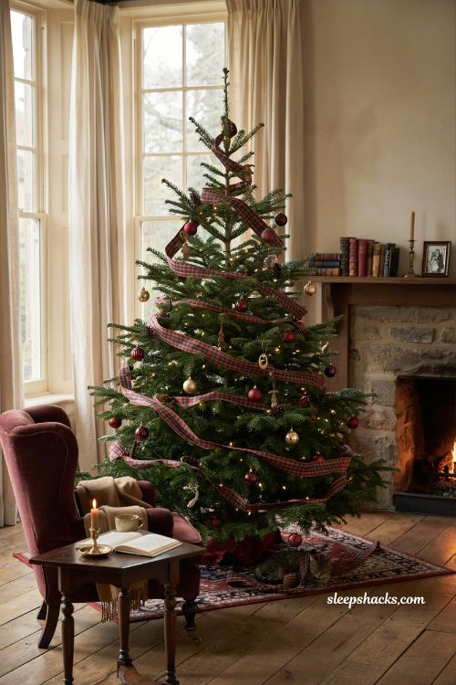 Ralph Lauren Christmas tree with loosely woven tartan ribbon and warm white lights 