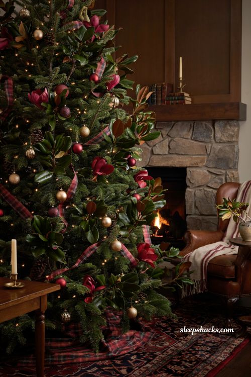 Ralph Lauren Christmas tree with magnolia stems red velvet ornaments and tartan ribbon 