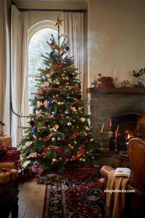 Ralph Lauren Christmas tree with navy blue chambray ornaments red velvet and gold accents 