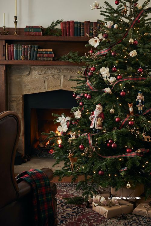 Ralph Lauren Christmas tree with nostalgic Santa nutcracker and vintage animal ornaments 