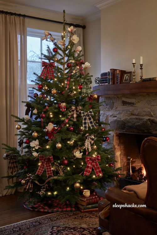 Ralph Lauren Christmas tree with plaid bows tartan ribbon and velvet ornaments 