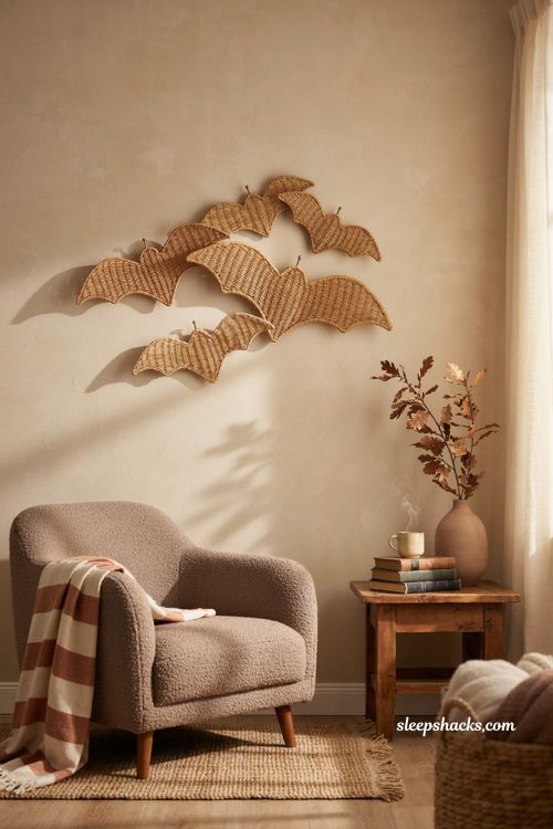 Rattan bat Halloween decor for a cozy boho fall living room