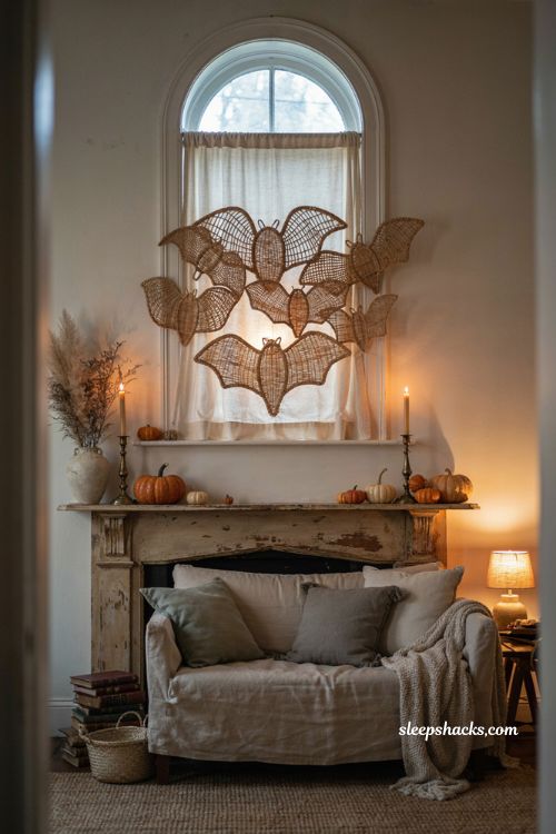 Rattan bat Halloween decor with warm mood lighting over the mantel
