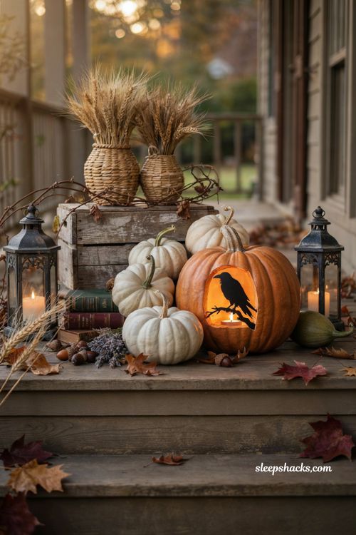 Raven silhouette pumpkin carving idea for an elegant Halloween front porch display