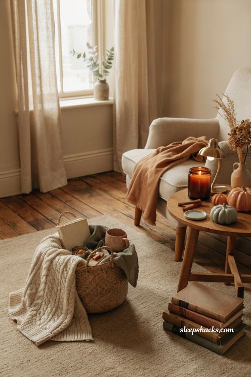 Reading nook boo basket ideas with cozy blanket book warm drink and fall candle