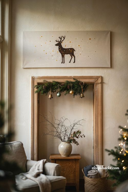 Reindeer silhouette Christmas painting with string light dots on narrow canvas