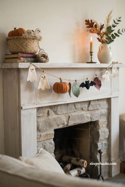 Removable Halloween ornament garland DIY with interchangeable ghosts pumpkins and natural base