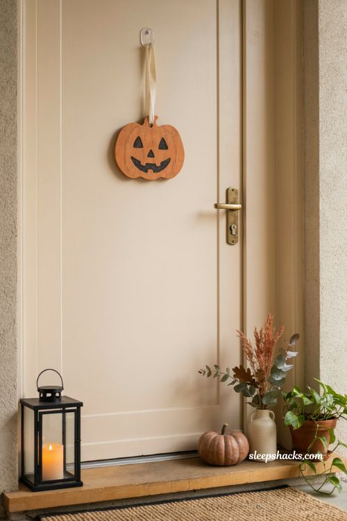 Renter friendly Halloween door hanger with removable adhesive hook and cozy autumn entryway
