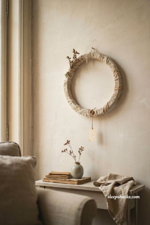 Repurposed embroidery hoop wreath with muslin lace and dried fall sprigs