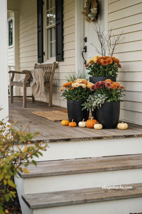 Repurposed trash cans as fall planters with mums for a front porch 