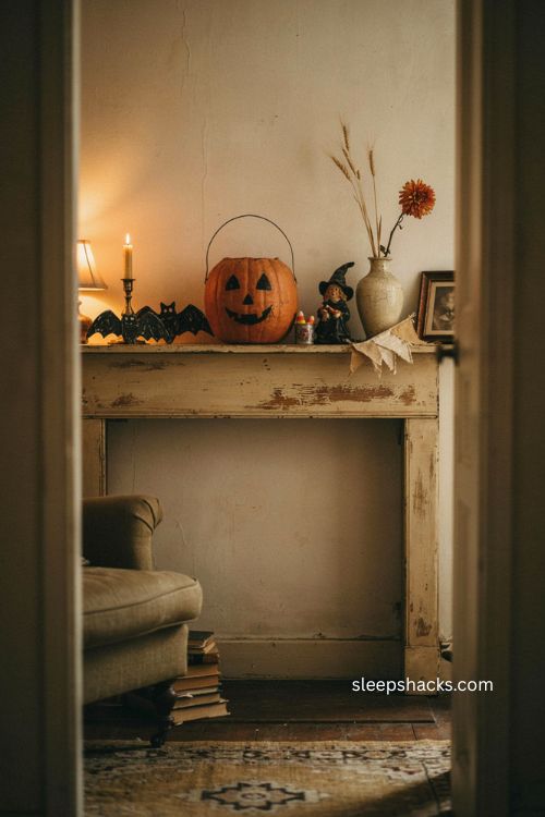 Retro Halloween decorations with nostalgic paper mache pumpkin bucket and vintage farmhouse charm 