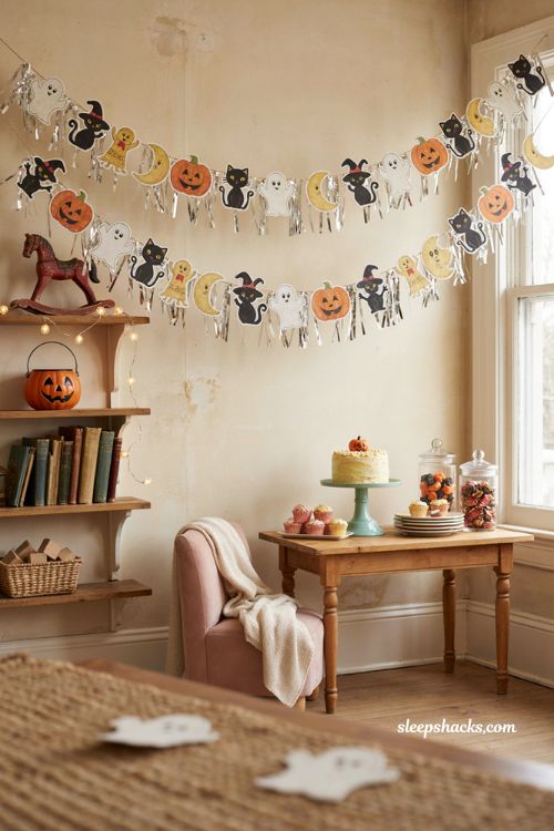 Retro cartoon Halloween garland with colorful cutouts and silver tinsel 