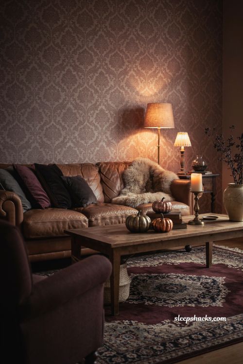 Rich cozy Halloween living room decor with velvet pillows faux fur and leather