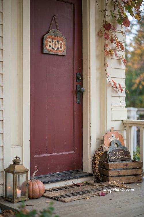 Rotating Halloween door hanger collection with handmade and store bought seasonal front door decor