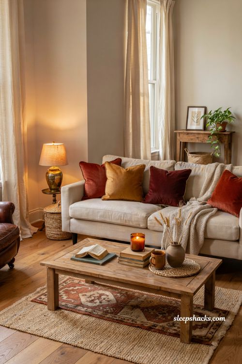 Rust and mustard throw pillow ideas for a cozy fall living room makeover